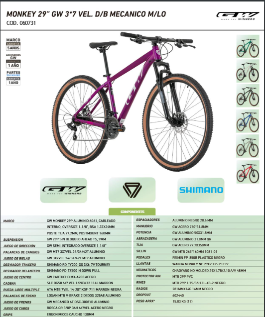 Bicicleta MTB GW Monkey RIN 29" Aluminio 3*7 VEL - Image 6
